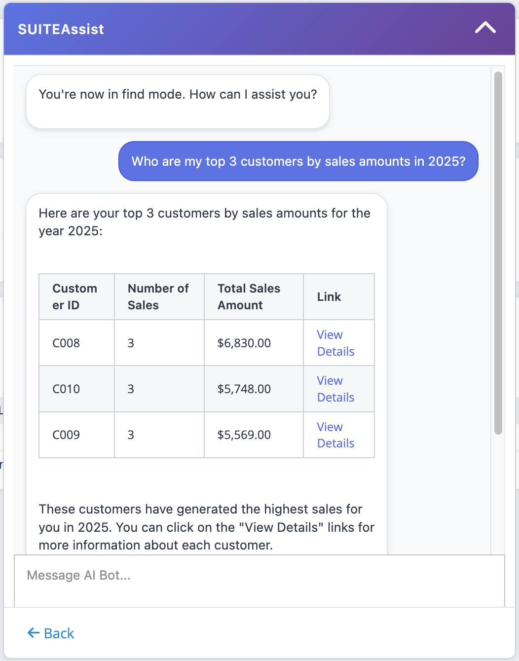 SuiteAssist AI chat interface showing instant customer insights from NetSuite